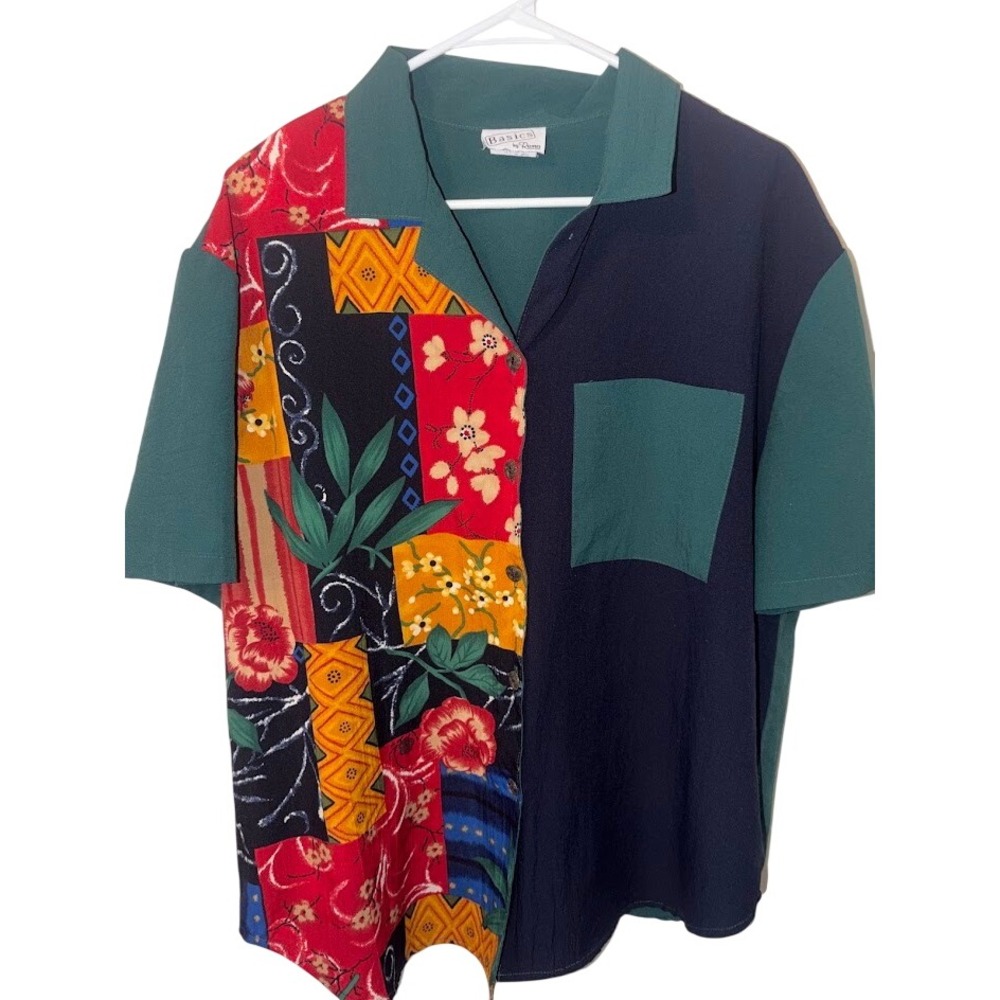 Basics by Remo Vintage Womens 18W Button Up Colorblock Patchwork Floral Shirt